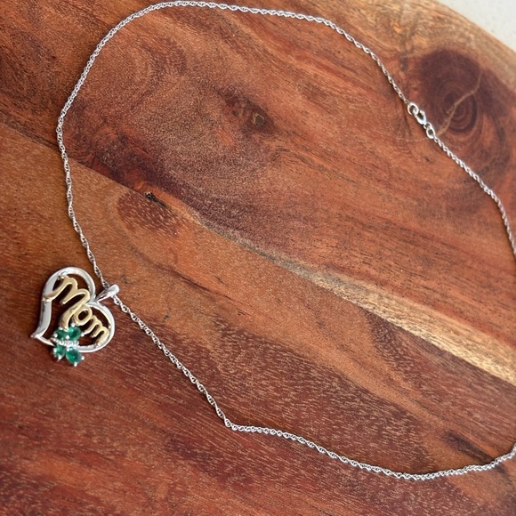 Mom Heart Pendant Necklace Diamond Emerald Accent 14K Yellow 925 Silver - Picture 3 of 9